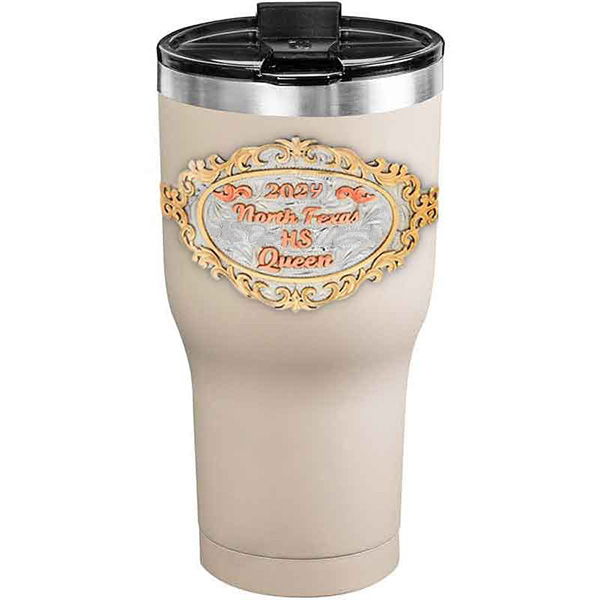 A customized tumbler made of stainless steel with a personalized engraved initials and North Texas High School Queen lettering, 30 oz, ideal for coffee or cool drinks